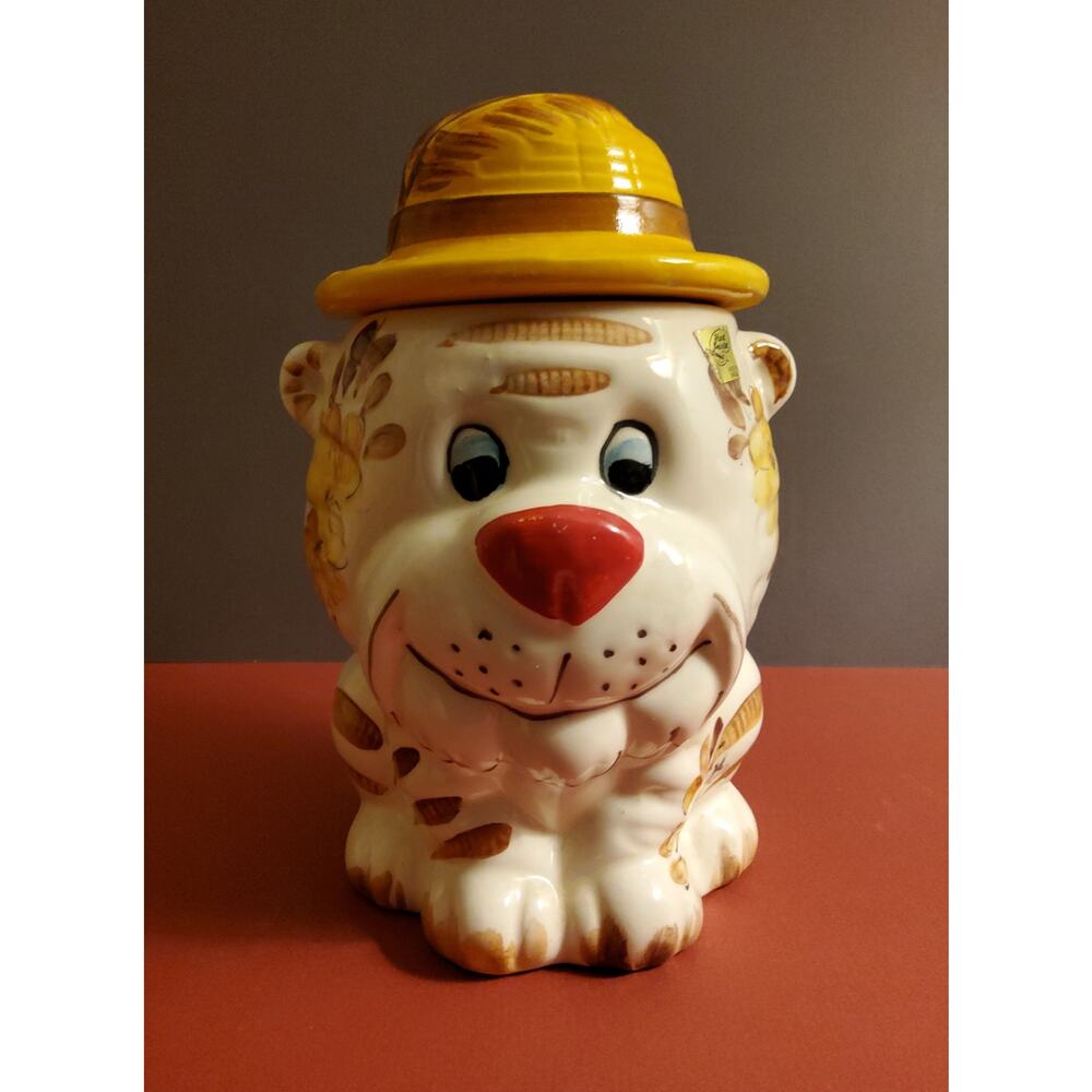 Hand painted Tiger Cub Cookie Jar with Jungle Hat made in Brazill